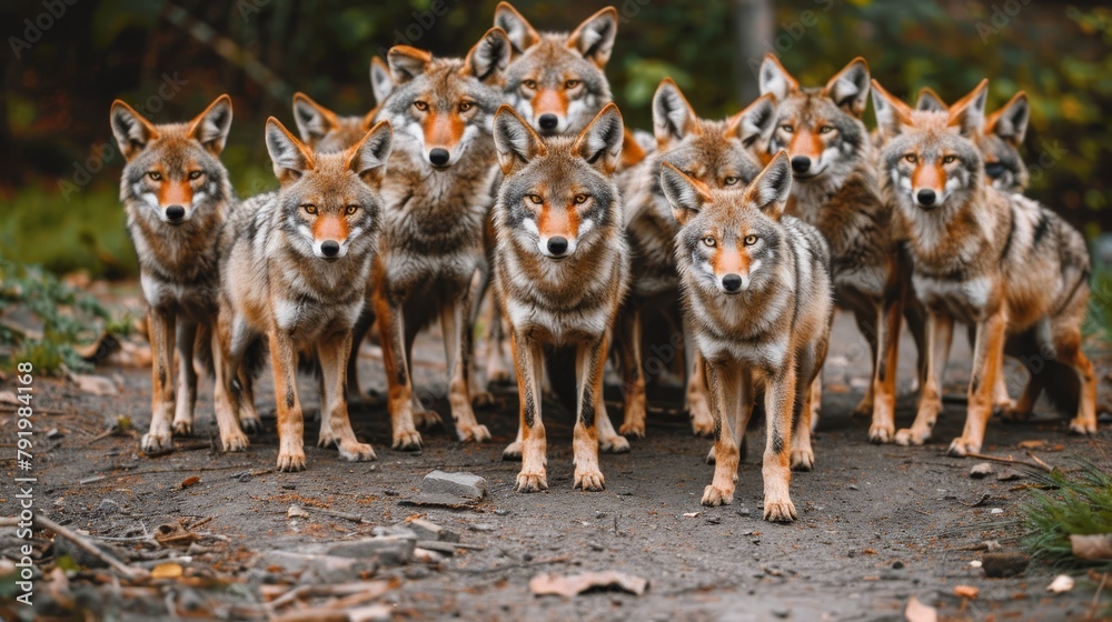   A herd of grey wolves stands together on a dirt field, surrounded by trees in the background