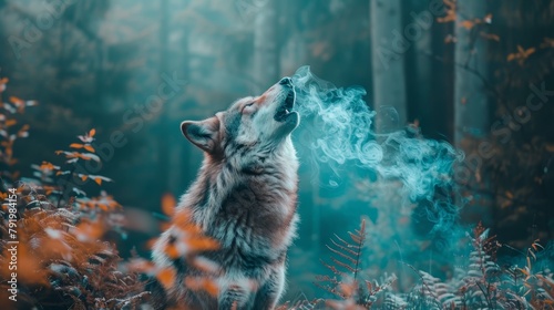   A wolf emitting a blue smoke from its maw in a forest setting photo