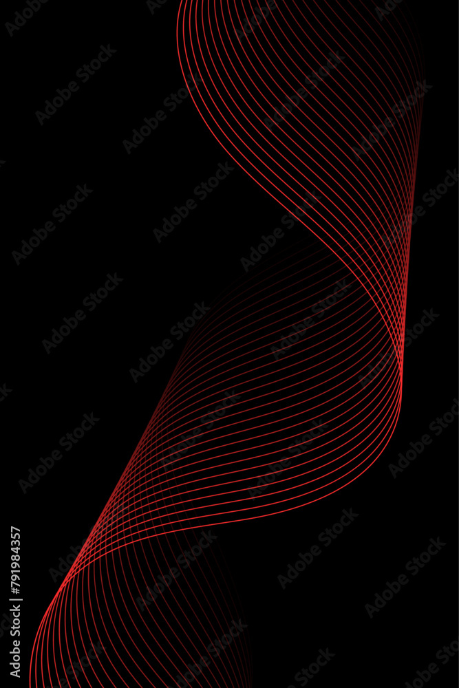 Abstract background with waves for banner. Standart poster size. Vector geometric background with lines. Element for design isolated on black. Black and red gradient. Brochure, booklet. Love, romantic