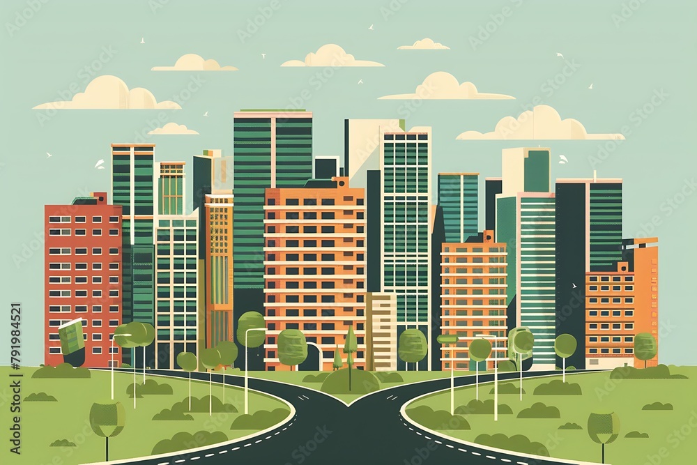 Buildings and road - vector background illustration in flat style design. Buildings on green background. Real estate, cityscape, landscape vector illustration. Design elements. .
