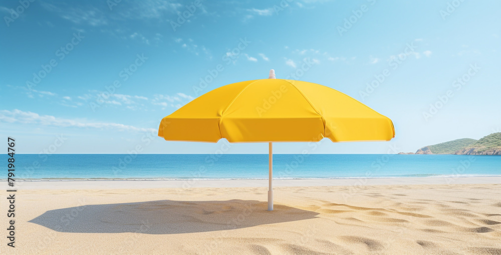 yellow umbrella beach, tan sand сreated with Generative Ai