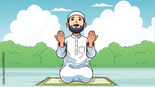 Muslim sheikh, praying, standing in front of mosque, cartoon	
