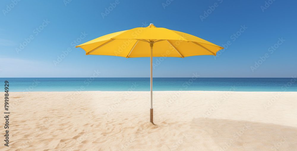 yellow umbrella beach, tan sand сreated with Generative Ai