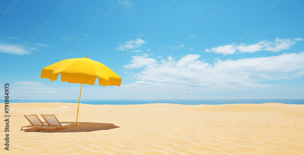 yellow umbrella beach, tan sand сreated with Generative Ai