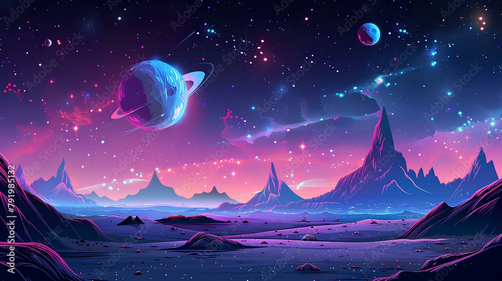 Abstract space landscape with stars, planets and neon effects.
