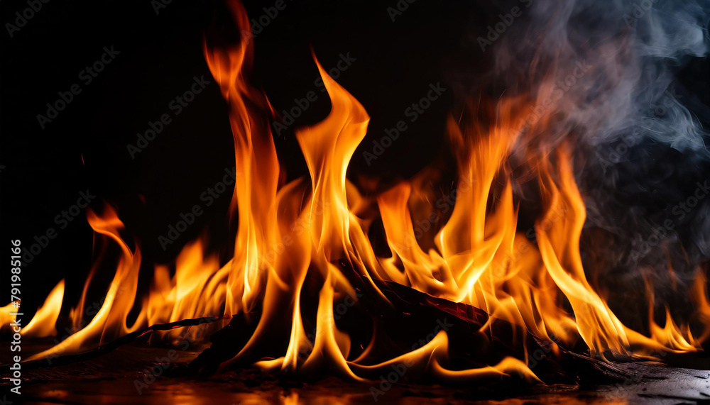 Close-up of fire flames on black background. Intense blaze.