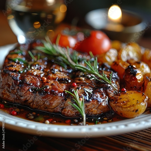 Succulent grilled steak seasoned with herbs, spices, and accompanied by roasted potatoes