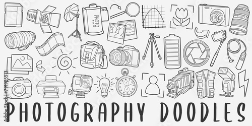 Photography Doodle Icons Black and White Line Art. Camera Clipart Hand Drawn Symbol Design. photo