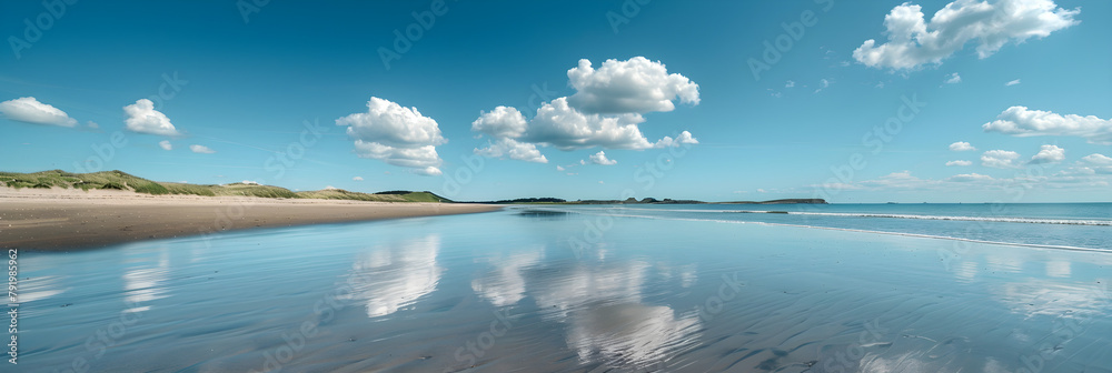 A serene beach scene with sand, water, and blue sky, perfect for vacation and relaxation.