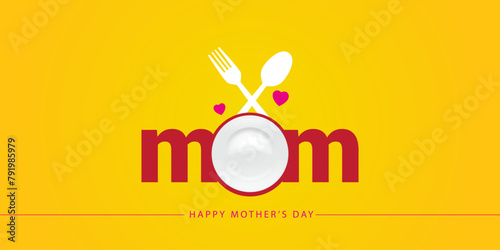 Mother's Day Creative Concept Idea Theme for Restaurant Food and Mom kitchen, MoM Logo with Plate Spoon and heart love, Happy Mother's Happy Earth, I love my mother kitchen and restaurant food chart