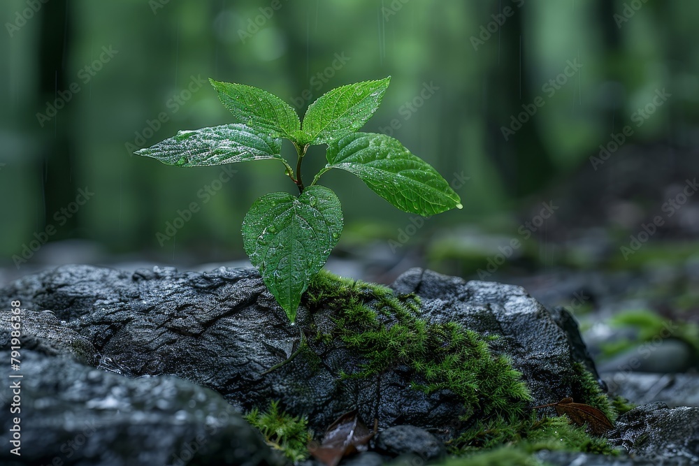 A vibrant green sprout stands out against the dark, wet soil and lush forest background, signifying new life and growth A vibrant green sprout stands out against the dark, wet soil and lush forest background, signifying new life and growth