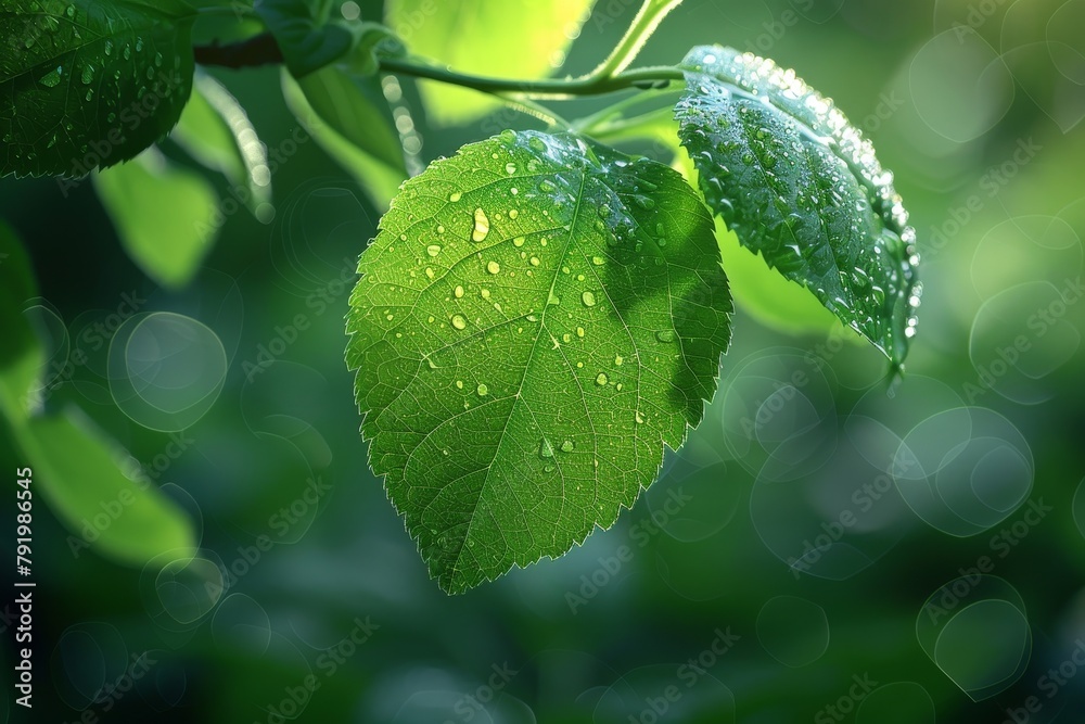 Close-up shot of vibrant green leaves with water droplets backlit by the sun, highlighting the beauty of nature Close-up shot of vibrant green leaves with water droplets backlit by the sun, highlighting the beauty of nature