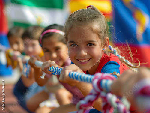 Children from different countries play tug-of-war together against a backdrop of blurred borders and flags. The concept of peace and friendship, overcoming conflicts. © alisluch
