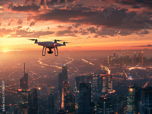 Drone hovering at a high altitude above a bustling city at sunset, 3D realistic illustration with detailed cityscape and glowing horizons