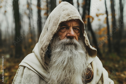 old druid or wizard in the forest, nature philosophy, irish folklore, healer photo