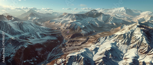 High-altitude drone photography capturing the majestic landscape of a mountain range, realistic 3D rendering showing fine details from above