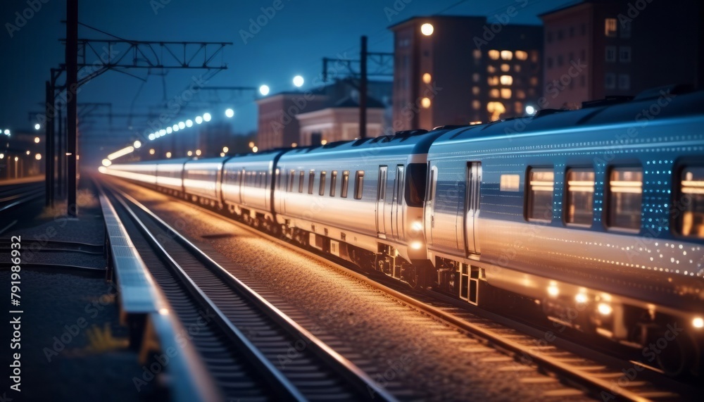 Fototapeta premium Train Traveling Down Train Tracks at Night