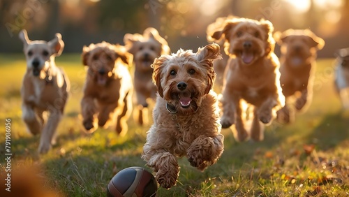 Different breeds of dogs playing football together in a sunny field. Concept Pets Playing Together, Outdoor Activities, Sunny Day, Dog Breeds, Football Games photo
