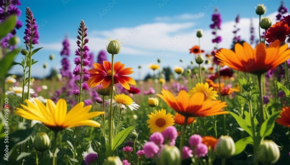 Vibrant Field of Colorful Flowers Under Blue Sky