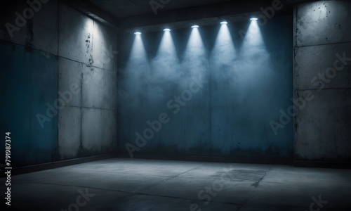 Dark and moody night scene with blue spotlight smoke and concrete textured walls