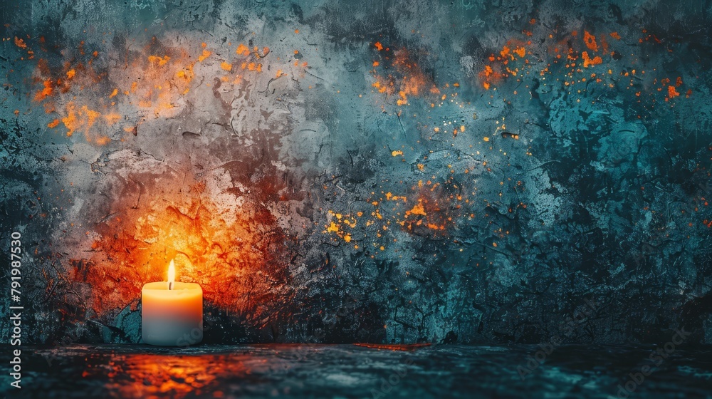 A lit candle sits atop a table, casting light onto a textured, grimy wall The wall emits a faint glow where the candle's flame reaches it A lit candle sits atop a table, casting light onto a textured, grimy wall The wall emits a faint glow where the candle's flame reaches it