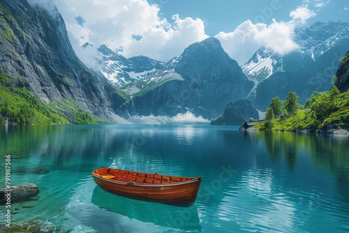 A breathtaking mountain landscape featuring a solitary red boat on a calm lake surrounded by dramatic mountains under a clear blue sky