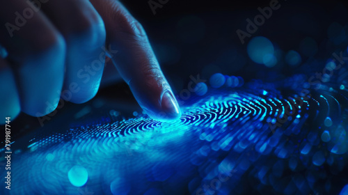 Scanning biometric security via finger touch on digital screen with holographic fingerprint pattern.