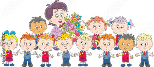 Goodbye kindergarten card with a happy nursery teacher with colorful flowers and funny little boys and girls graduates at graduation ceremony, vector cartoon illustration