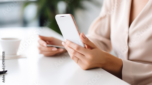 Woman hand holding smartphone Blank screen mobile phone for graphic display montage.