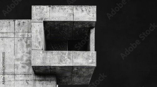   A monochrome image of a concrete structure featuring a solitary window located midway along its side photo