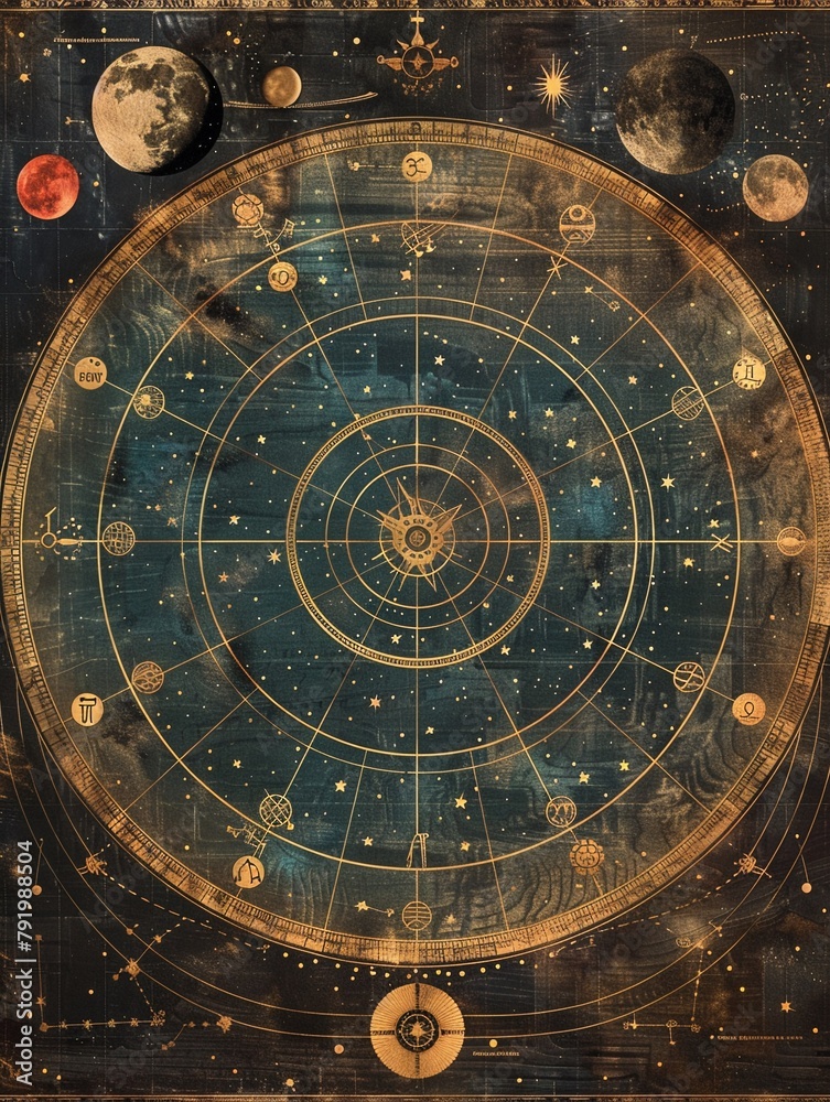Astrological Chart An illustration of a vintage astrological chart, showing the positions of the stars and planets as used by fortune tellers 8K , high-resolution, ultra HD,up32K HD