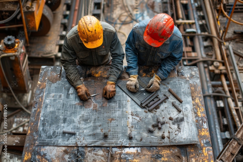 A bird's-eye view of industrial workers intently examining technical drawings amidst factory chaos A bird's-eye view of industrial workers intently examining technical drawings amidst factory chaos