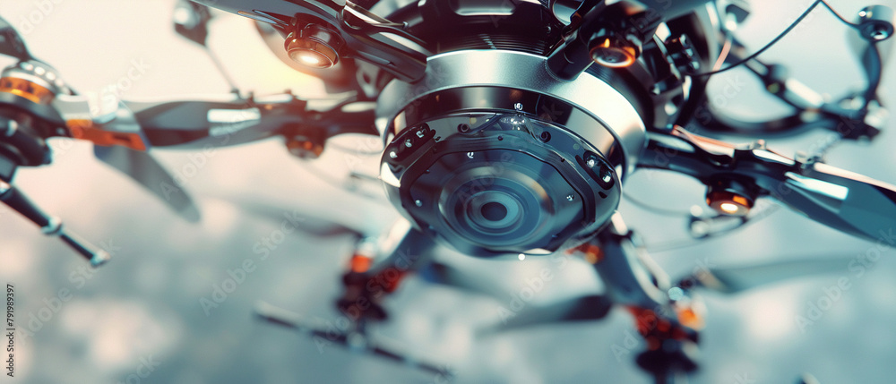 Fototapeta premium Close-up of a quadcopter in flight, detailed 3D illustration showing the complexity of its design and the whir of its propellers