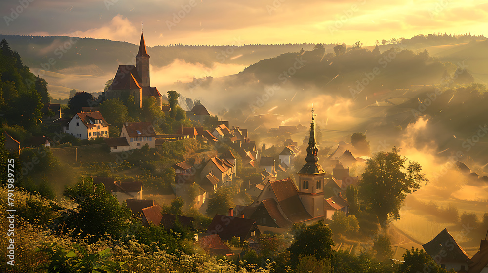 French village bathed in the first light of dawn, shrouded in morning mist, picturesque cobblestone streets, quaint cottages, and charming atmosphere evoking serenity and tranquility - obrazy, fototapety, plakaty 