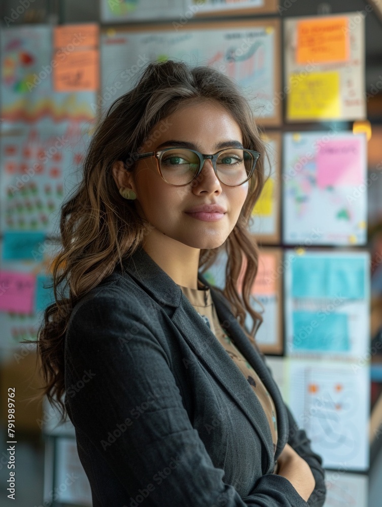 Marketing specialist in a brainstorming session, interactive and professional setting, idea board in the background, stock photo portrait Marketing specialist in a brainstorming session, interactive and professional setting, idea board in the background, stock photo portrait