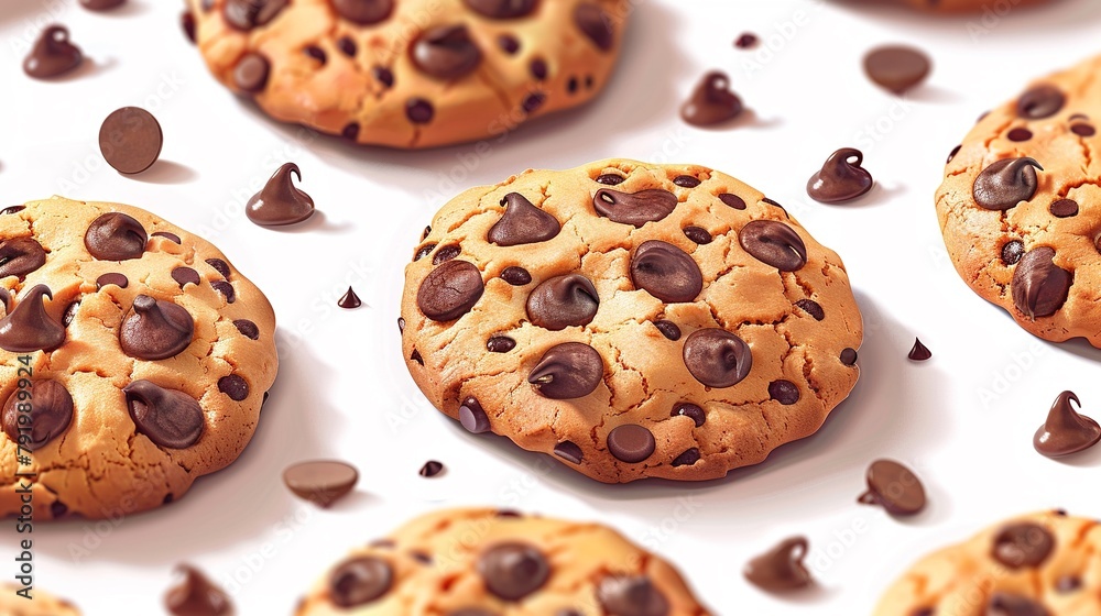 Cookie Harmony An illustration of a pattern of chocolate chip cookies on a white background, emphasizing the perfect blend of ingredients and symmetry that make them a delightful treat 8K , h Cookie Harmony An illustration of a pattern of chocolate chip cookies on a white background, emphasizing the perfect blend of ingredients and symmetry that make them a delightful treat 8K , h