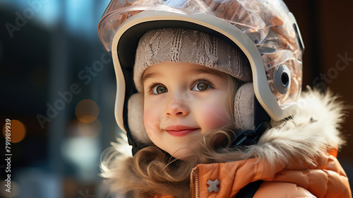 Heartwarming portrait of an adorable young child bundled up warmly in winter outfit. photo