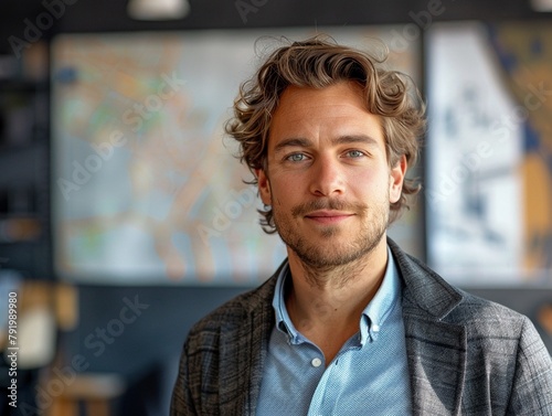 Portrait of an urban planner, professional and visionary, cityscape plans in the background, natural office lighting photo