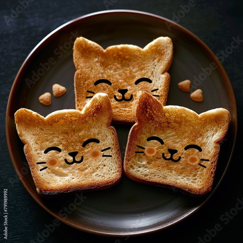 Cute Cat Toast A cartoon drawing of three slices of toast, each adorned with a delightful cat face made of food art, creating a playful and charming meal 8K , high-resolution, ultra HD,up32K HD photo