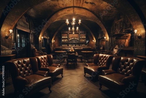 A Hidden Gem in the City: An Underground Speakeasy from the 1920s Prohibition Era, Illuminated by Soft Candlelight and Filled with Vintage Furniture