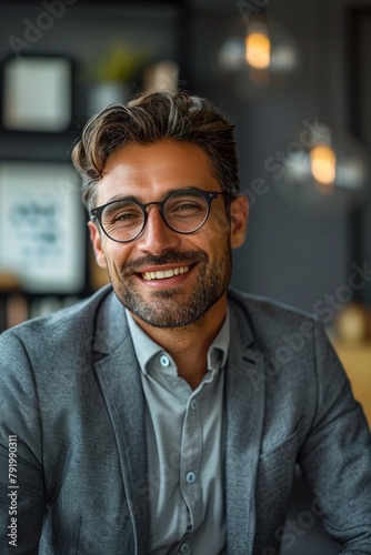 Closeup of a male consultant with a friendly smile, smartcasual attire, office setting with a cityscape backdrop