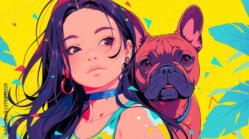 Georgeus Anime Girl With Her Cute Red Brownie French Bulldog photo