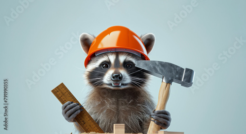 A raccoon wearing a hard hat and safety vest is holding a hammer and a saw. a playful mood, a raccoon is dressed in a construction outfit. a raccoon wearing a hard hat and carrying a hammer and level photo