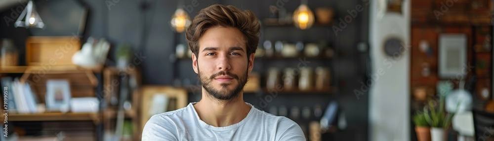 Headshot of Young entrepreneur in a loft office, casual elegance, modern furniture in the background, symbolizing startup culture, stock photo