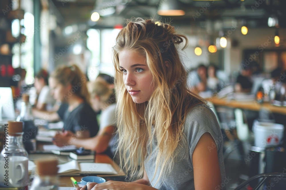 A focused young woman with tousled hair studying at a wooden table in a vibrant, cozy cafe atmosphere with other patrons A focused young woman with tousled hair studying at a wooden table in a vibrant, cozy cafe atmosphere with other patrons