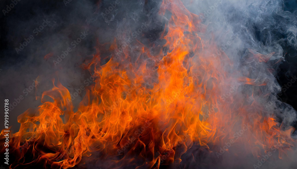 Close-up of fire flames with smoke on black background. Intense blaze.