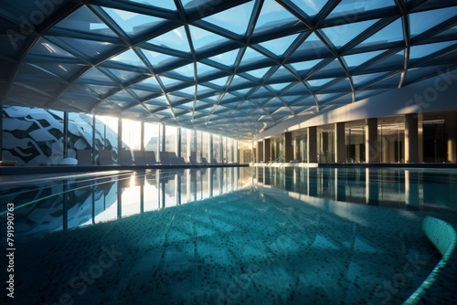 A Modern Indoor Swimming Pool Illuminated by Natural Light, Featuring a Glass Ceiling, Minimalist Design, and Luxurious Amenities © aicandy