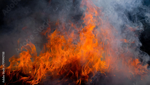 Close-up of fire flames with smoke on black background. Intense blaze.