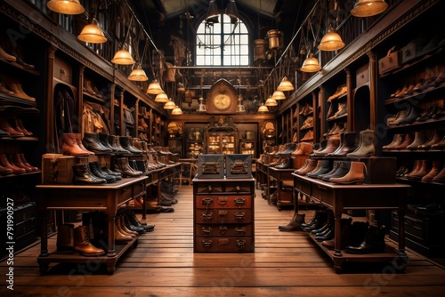 A Nostalgic Journey Back in Time: A Vintage Shoe Store with Antique Wooden Shelves, Classic Leather Boots, and a Warm, Inviting Atmosphere photo