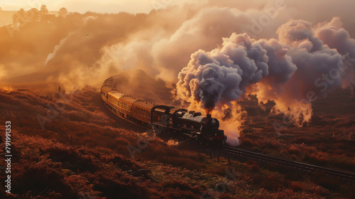 A vintage steam train chugging through a misty valley at dawn. photo